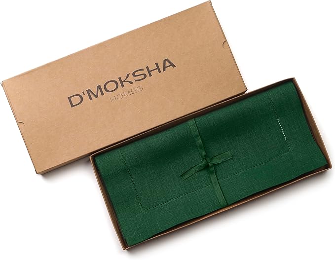 D'Moksha Homes Linen Forest Green Table Runner 108 Inches Long - 100% Pure Linen 14 x 108 Inch Table Runner for St Patricks Day, Easter - Classic Hemstitch