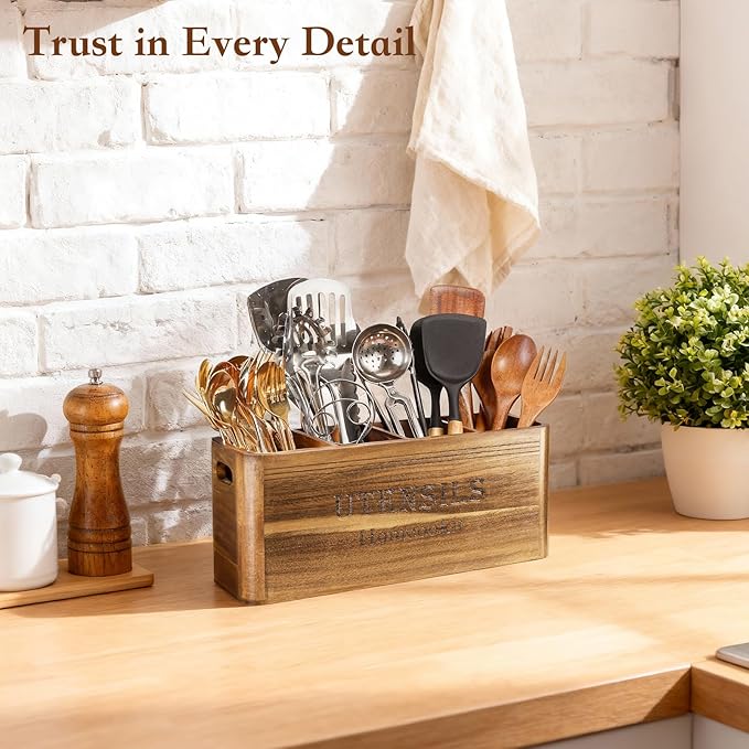 Utensil Holder for Kitchen Countertop, Extra Large Acacia Wood Organizer, 4-Compartment Storage for Cooking Tools, Farmhouse-Style Cutlery Holder