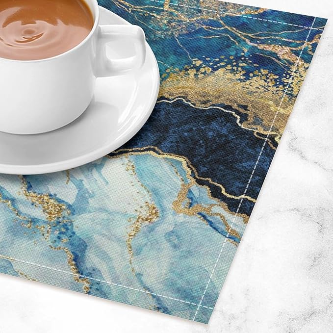 Marble Linen Placemats Set of 4, 12x17 Inch Modern Abstract Foil Texture White Blue Gold Marble Table Mats Washable Fabric Place for Party Kitchen Wedding Dining Banquets Decor