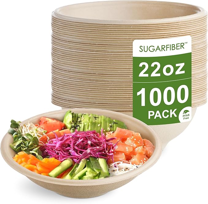 [1000 Count]Sugarfiber by Harvest 22oz Round Bowls PFAS Free with PLA coating - Compostable Heavy-Duty Eco-Friendly Disposable Bagasse Bowl Sugarcane made plant fibers for Meal Prep
