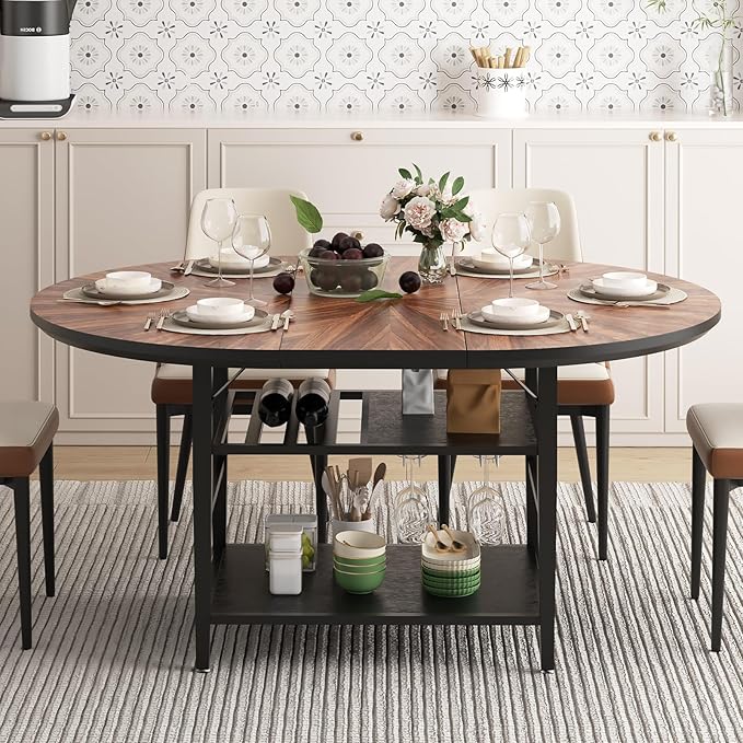 VFK 47.2"-63" Extendable Round Dining Table Set for 4–6, Solid Wood & Metal Table with Wine Rack Storage Shelf, Walnut Kitchen & Dining Room Furniture (1 Storage Table)