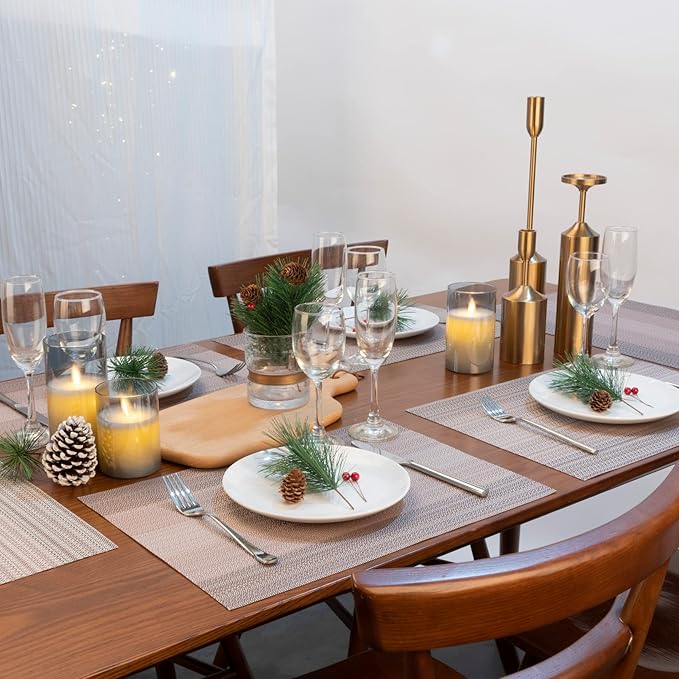 Winknowl Placemats Set of 8, Washable Vinyl Woven Placemats, Heat Resistant & Wipeable Table Mats for Kitchen Dining Table (Pink Gold)