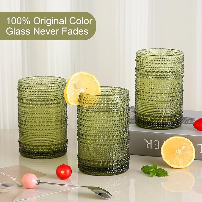 Vintage Glassware Drinking Glasses Set of 6,15 oz Hobnail Glass Cups,Embossed Green Water Tumbler,for Beer,Cocktail,Whiskey,Juice and Various Mixed Drinks- 1 Cleaning Brush