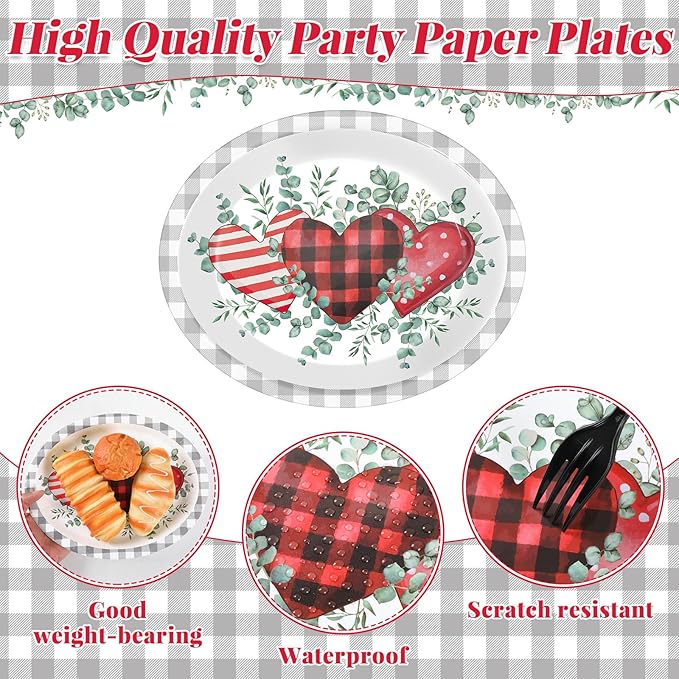 CHUNNIN 50Pcs Valentine's Day Party Supplies Valentines Party Oval Paper Plates 11.6 x 9.5in Eucalyptus Love Heart Disposable Tableware for Valentine's Day Anniversary Birthday Wedding Party Decor