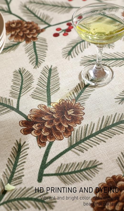 ISAENNE Designer Christmas Beige Linen Square Tablecloth,Pinecones Pattern Indoor Tablecloths,Wrinkle Resistant Decor Table Cloth for Dining Thanksgiving Kitchen Christmas,67"*67"-Carol B