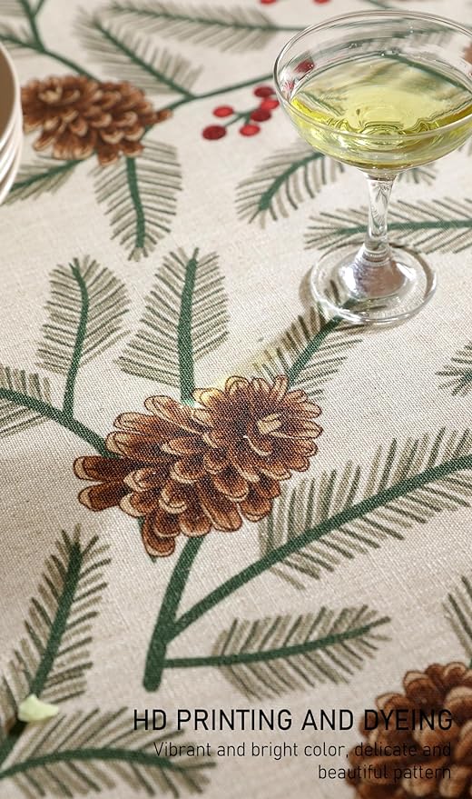 ISAENNE Designer Christmas Beige Linen Extra Long Tablecloth Rectangle,Pinecones Pattern Indoor Table Cloths,Washable Decor Tablecloths for Dining Thanksgiving Kitchen,63"*110"-Carol B
