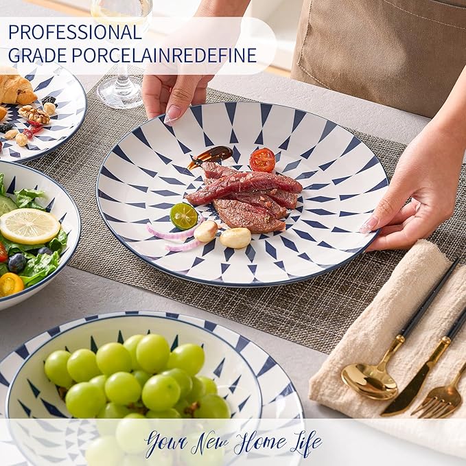 Bestone 12-Piece Round Porcelain Dinnerware Set, Service for 4, Chip Resistant Plates and Bowls,Blue, Dishwasher & Microwave Safe for Home Daily Use