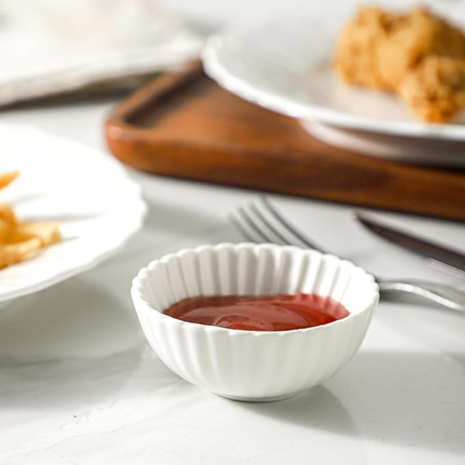 UIBFCWN 20 Pack 1.3Oz Soy Sauce Dish Ceramic, White Dipping Sauce Bowls/Dishes, Small Dipping Cups for Sushi Ketchup Olive Oil Side Dishes, Mini Dip Bowls for Charcuterie Boards - 2.7inch