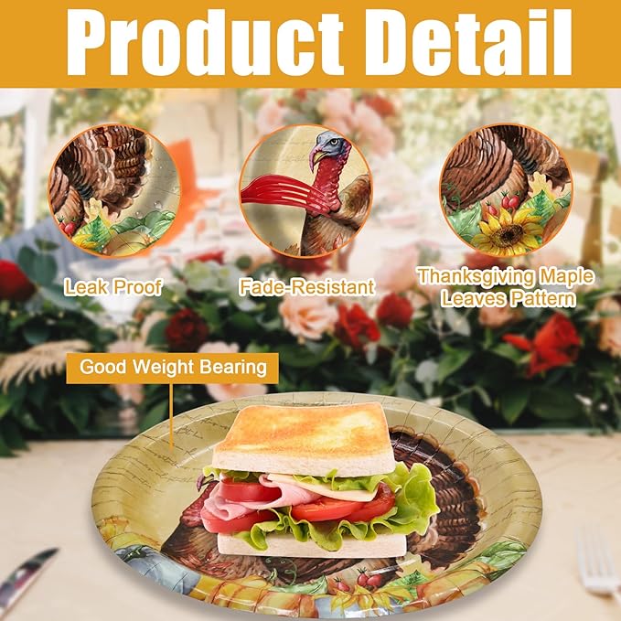 Thanksgiving Oval Paper Plates 10" x 12",Large Disposable Fall Party Decorations Paper Vintage Autumn Turkey Plates for Birthday Holiday Favor Bridal Baby Shower Party Supplies,50 Guests