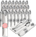 Prestee 25 Plastic Silverware Set, Pre-Rolled - 100pc Disposable Flatware with Forks, Knives, Spoons and White Napkins - Dinner Utensil Sets for Catering Supplies Buffet Display, Parties and Weddings