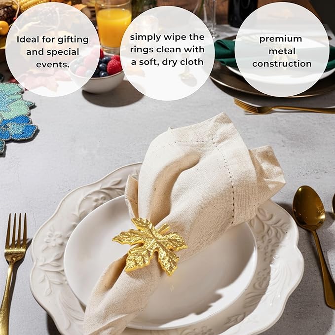 CLEENTABLE Elegant Handcrafted Leaf Napkin Rings - Set of 12 Premium Aluminum Holders for Dinner Parties, Weddings, Special Occasions & Everyday Dining (Gold)