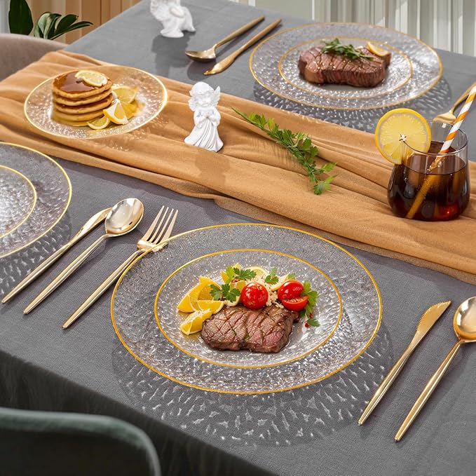 Rubtlamp 60Pcs Clear Gold Plastic Plates, Gold Glitter Disposable Plates, Hammered Plastic Plates Included 30 Dinner Plate And 30 Dessert Plates for Party