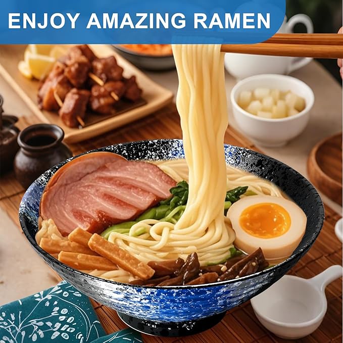 8-Inch Ceramic Ramen Bowl Set of 4 (17 Piece) - Porcelain Japanese Salad Noodles Cereal Fruit Pasta Soup Large Bowls with Recipes Chopsticks Forks Spoons for Men Women Gift Microwave Dishwasher Safe