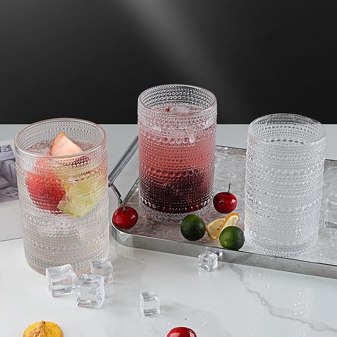 Hobnail Drinking Glasses Set of 4, 16 Oz Vintage Embossed Glass Cup Kitchen Glassware Water Tumblers for Cocktails, Beer, Juice, Whiskey