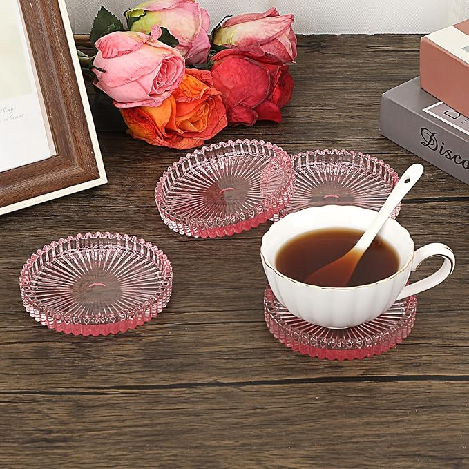 JUXYES 5 Pack Amber Tone Crystal Coasters Round Cup Mat, Glass Coasters for Drinks Coffee Tea Wine, Decorative Wine Bottle Coaster, Crystal Drink Coaster for Restaurant bar Kitchen Dining Table