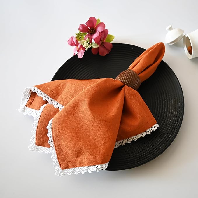 Fingercraft Dinner Cloth Napkin Cotton Linen Blend 12 Pack 12In Mitered Corners with Elegant Lace for Everyday Use Napkins Cloth are Pre Shrunk and Good Absorbency Rust