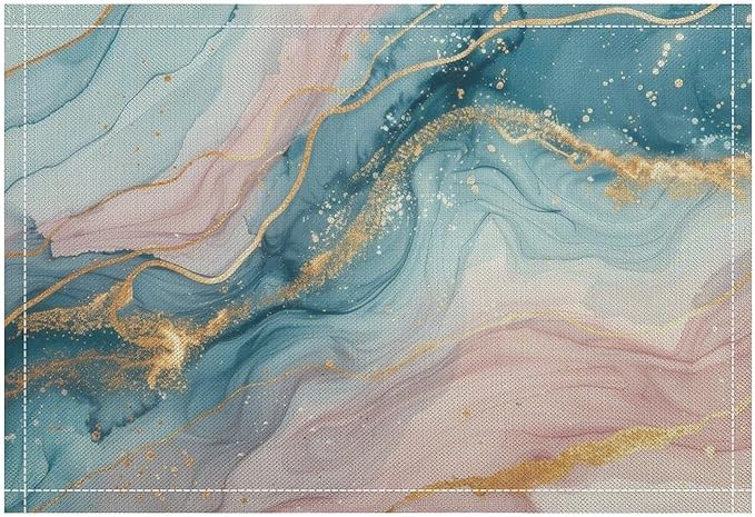Marble Linen Place Mats Set of 2, 12x17 Inch Modern Luxury Foil Texture Pink Blue Gold Marble Washable Fabric Non-Slip Placemats for Home Dining Table Banquets Party Kitchen Decoration
