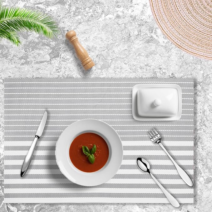Placemats Set of 4 Vinyl Washable Grey Placemats, 18"x12" Wipeable Heat-Resistant Non-Slip Easy Clean Table Mats Ideal for Dining Table Table Runner and Outdoor (4, Grey Stripe)
