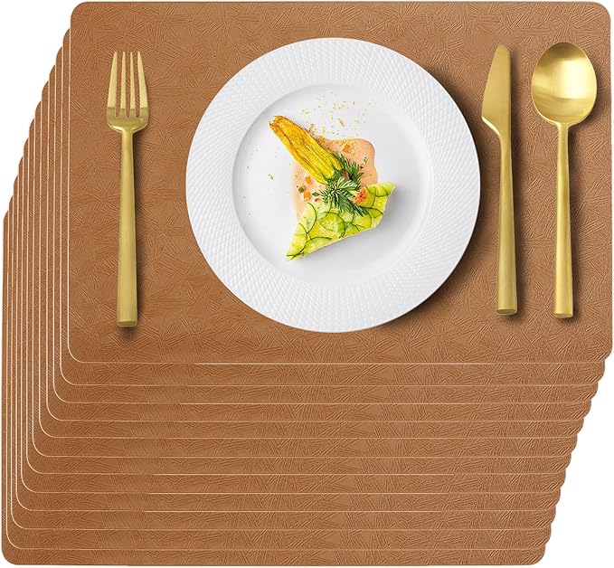 Vinyl Placemats Set of 12 Faux Leather 100% Waterproof Wipeable Washable Place Mats Heat Resistant Easy Clean Non-Slip Table Mats for Indoor Outdoor. (12, Brown)