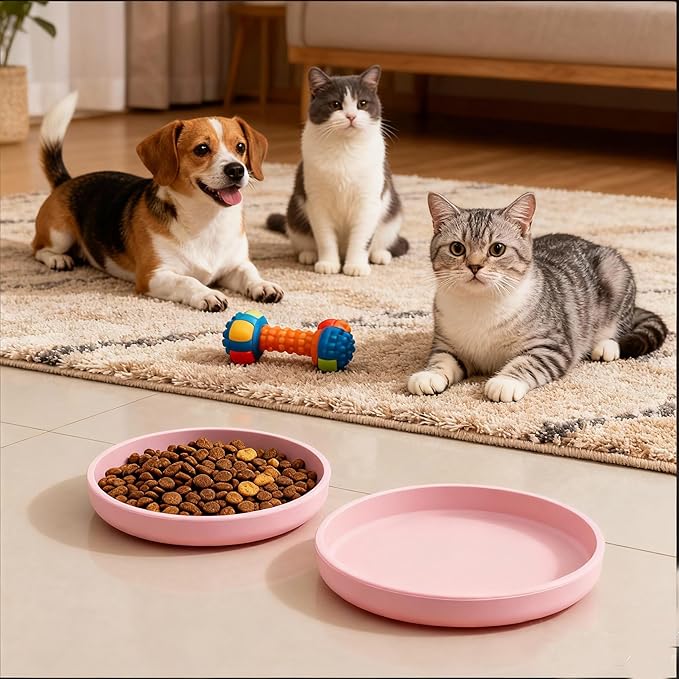 2 Pcs Silicone Cat Bowls Non-Slip Cat Dish for Dry & Wet Food Shallow Relief Whisker Fatigue Pet Bowl Set for Cats Small Dogs, Pink