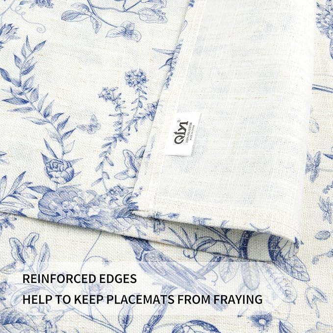 QIYI Boho Placemats Set of 6, 12x18 Inch Linen Fabric Place Mats for Kitchen Dinning, Farmhouse Rustic Floral Cloth Table Mats, Washable Placemat Botanical Party Table Décor, Blue Garden