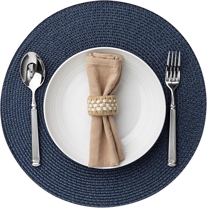 Round Placemat Set of 4 Plastic Woven Placemats Washable Wipeable Table Mats for Dining Table Heat Resistant Non-Slip Circle Place Mats (Navy Blue)