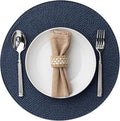 Round Placemats Set of 6 Plastic Woven Placemats Washable Wipeable Table Mats for Dining Table Heat Resistant Non-Slip Circle Place Mats (Navy Blue)