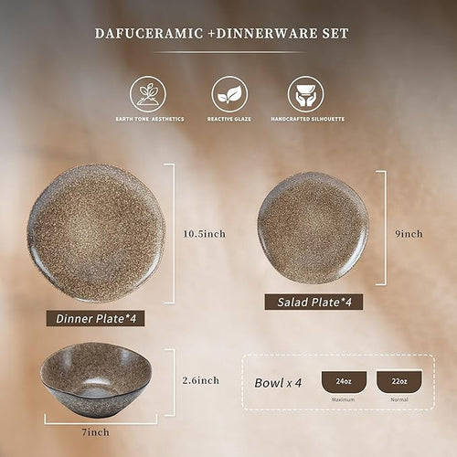 12PCS Stoneware Dinnerware Sets, Plates and Bowls Dish Set for 4, Irregular Vintage Handmade Dinner Ware Dishware for Kitchen Dinning, Microwave & Dishwasher Safe, Brown