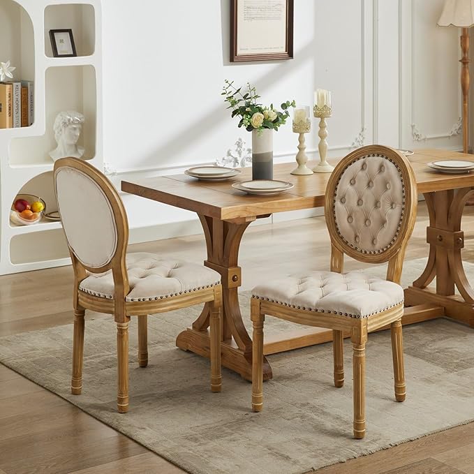 Ball & Cast French Vintage Upholstered Dining Chairs Set of 2, Button Tufted Kitchen Side-Chairs with Carved Antique Wood Frame & Nailhead Trims, 2-Piece Curved Backrest Louis Chair, Velvet Beige