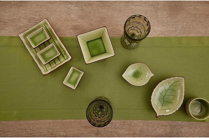 Solino Home Linen Avocado Green Hemstitch Table Runner 60 Inches - 100% Pure Linen Small Table Runner 14 x 60 Inch for Dresser and Coffee Tables, Spring, Easter, St Patricks Day - Classic Hemstitch