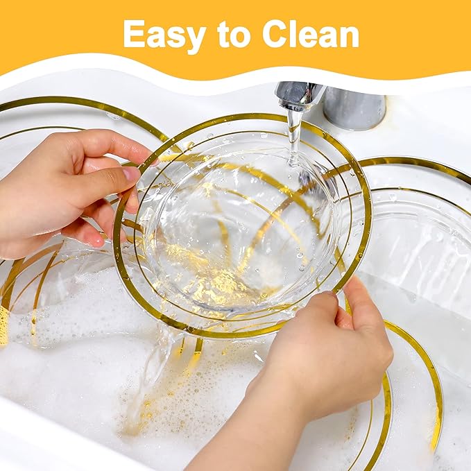100 PCS Clear Gold Plastic Plates, Disposable Party Plates Include 50 Dinner Plate and 50 Dessert Plate Perfect for Holiday, Birthday, Wedding & Party