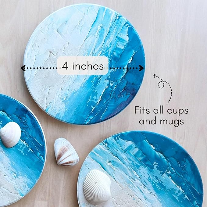 Ceramic Absorbent Coasters Set of 6 with Holder, Marble Drink Coasters for Coffee Table, Water-Absorbing Stone Coasters (Blue Waves Design)