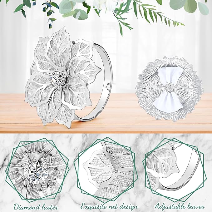 Dandat 24 Pcs Charger Plate Bulk 13'' Floral Reef Plates with Napkin Ring Plastic Dinner Charger Hollow Out Flower Napkin Holder Plastic Plate for Table Setting Wedding Party (Silver)