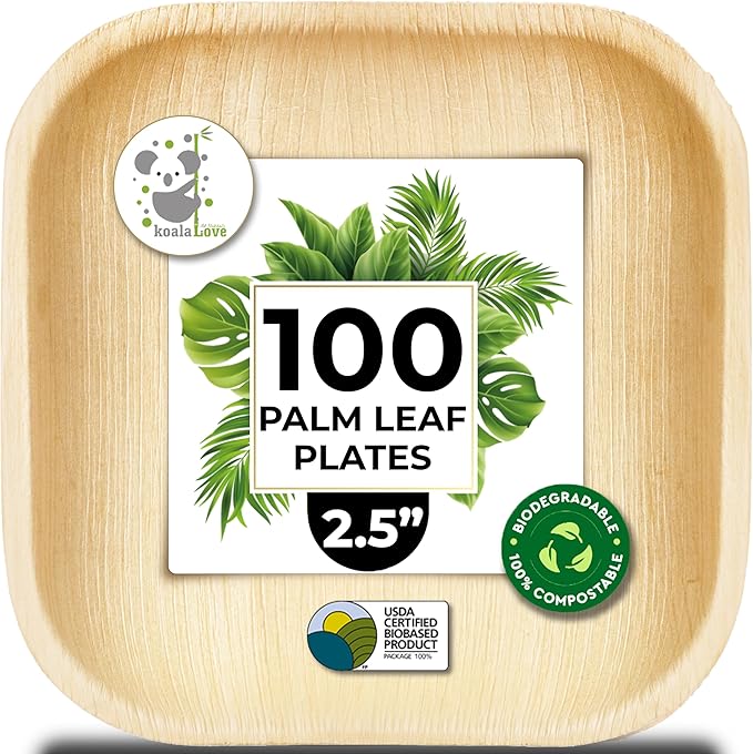Palm Leaf Plates Bamboo Paper Disposable 2.5 Inch Small Mini Sushi Square Party Plates 100 Pack Bulk Biodegradable Compostable Elegant Alternative To Wooden Plastic Plate By KoalaLove