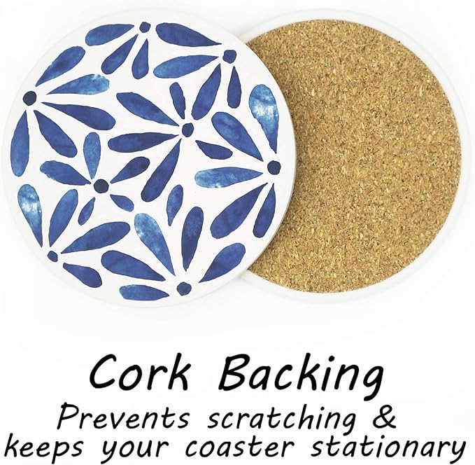 AD Set of 6 Coasters for Drinks Absorbing Round Ceramic Stone Coaster with Cork Base,Tabletop Protection Mat for Mugs and Cups,Office,Kitchen (Indigo Blue with Holder)