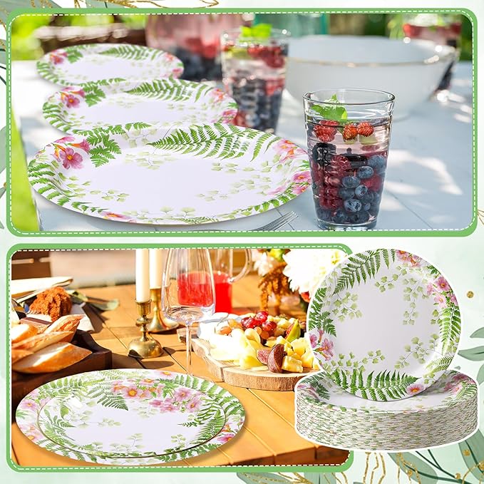 48 Pcs Fern Garden Plates Set Include 9 Inch and 7 Inch Spring Watercolor Disposable Plates Summer Decorative Dinner Birthday Party Tableware for Baby Shower Party Supplies