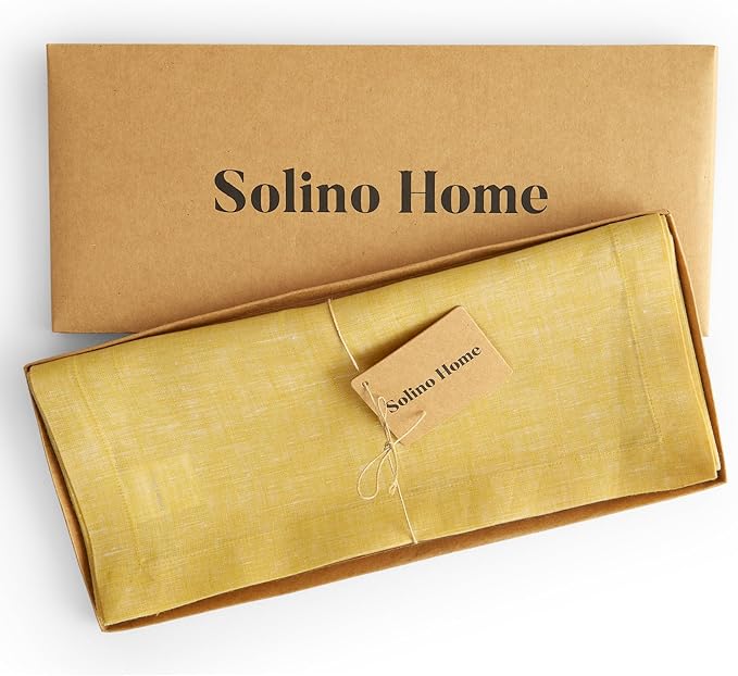 Solino Home Linen Table Runner 90 Inches Long - Athena, 100% Pure Linen Chambray Lemon Yellow Table Runner 14 x 90 Inch for Spring, Easter