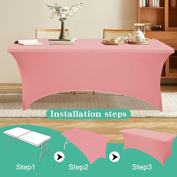 2Pack 8FT Table Cloth for Rectangular Fitted Events Stretch Pink Table Covers Washable Spandex Tablecloth Protector for Party, Wedding, Cocktail, Banquet, Festival