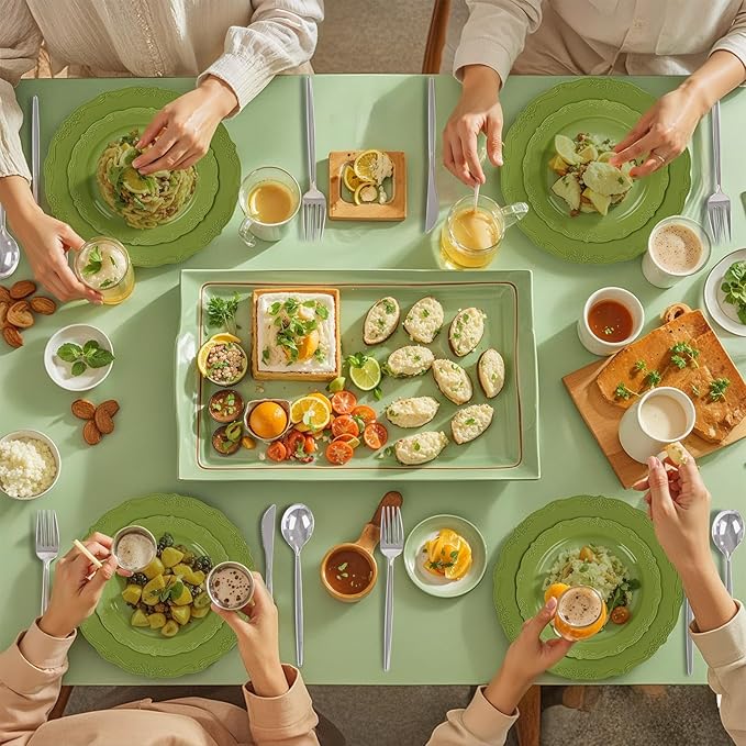 U-QE 100PCS Olive Green Plastic Plates - Plastic Green Plates Disposable Heavy Duty - Olive Disposable Plates for Party Including 50PCS 10'' Dinner & 50PCS 7.5'' Dessert Plate