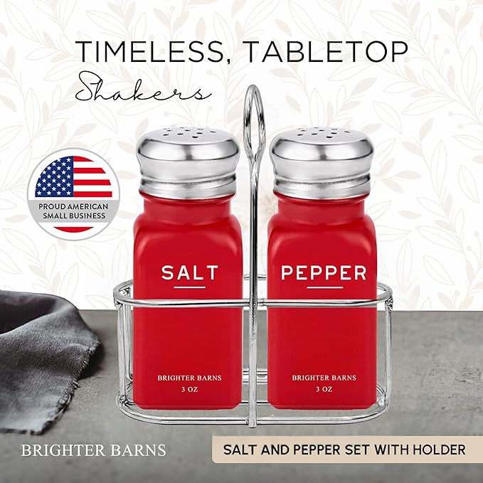 Red Salt and Pepper Shakers Set with Holder by Brighter Barns - Modern Kitchen Decor and Accessories, Dining Room Decor - Cute Salt Shaker with Caddy for Table Centerpiece, Restaurants, Gifts (Red)
