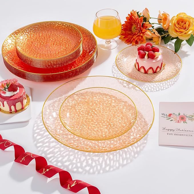 Rubtlamp 60Pcs Orange Plastic Plates, Orange Disposable Plates With Gold Rim, Hammered Plastic Plates Include 30 Dessert Platos, 30 Dinner Platos for Party