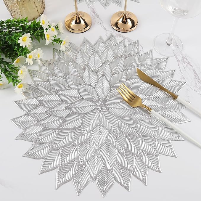 Placemats Set of 6, Round Hollow Out Flowers Place Mats for Dining Table Pressed Vinyl Blooming Leaf Table Mats for Holiday Party Wedding Accent Centerpiece Dinner Table Decoration (Silver)
