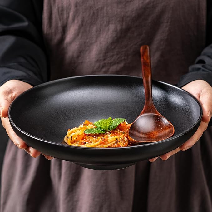 Ceramic Serving Bowls with Wooden Spoons Set of 2, Large Serving Bowl for Dinner Salad Soup Pasta Dessert Fish Fruit Chicken Bread, Oven Dishwasher Safe, 50oz Bowl for Entertaining, 9.75" Pure Black