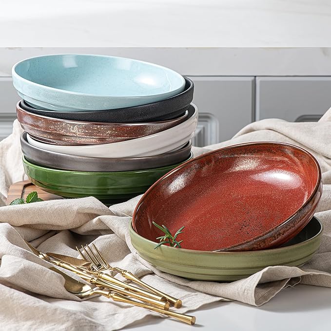 HAPPY KIT 9'' Large Pasta Bowls, 42 Oz Salad Bowl Set of 4, Stoneware Reactive Glaze Serving Bowls for Dessert, Soup, Fruit, Noodle, Scratch Resistant, Meadow Green