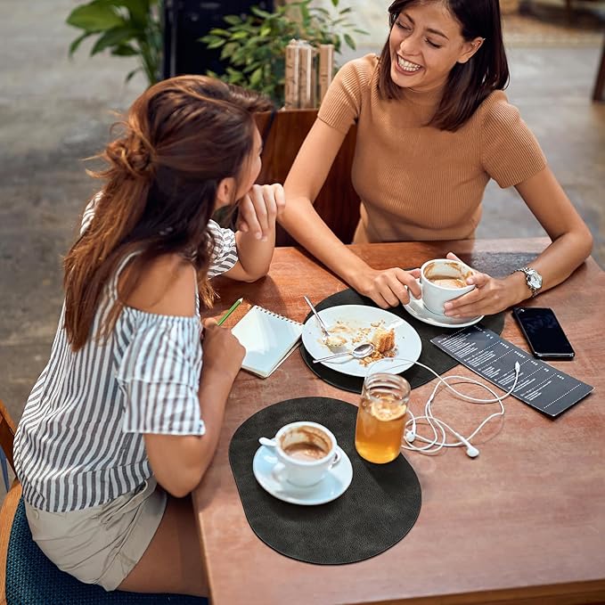 ADRIMER Placemats, Heat Resistant Oval Placemats Set of 8 Washable 12 x 17 Inch, Waterproof Table Mats, Wipeable Pu Place Mats for Kitchen, Dark Grey