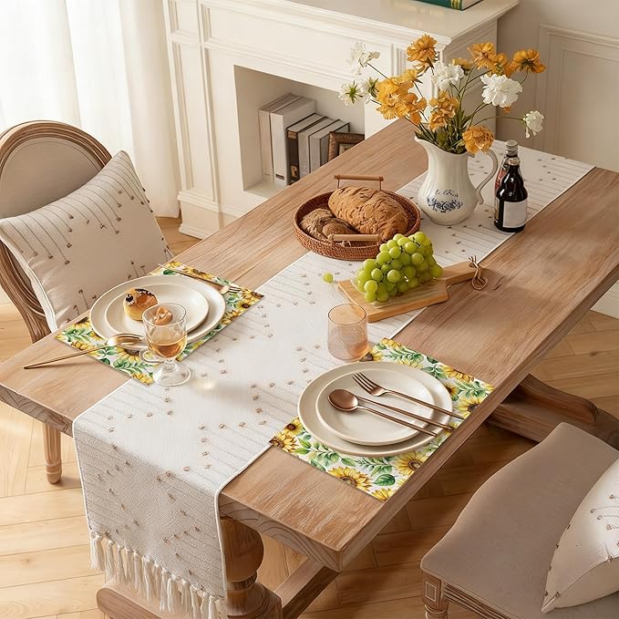 Watercolor Sunflower Placemats Set of 6, 12x18 Inch Waterproof Non-Slip Washable Seasonal Spring Table Mats for Kitchen Dining Party Table Decor