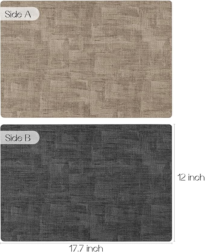 Romanstile Reversible Vinyl Placemats Set of 6, Faux Leather 100% Waterproof Oil-Proof Wipeable Place Mats, Heat Resistant Dual Sided Table Mats for Kitchen/Dining/Party (Grey Khaki, 12 x 17 Inch)