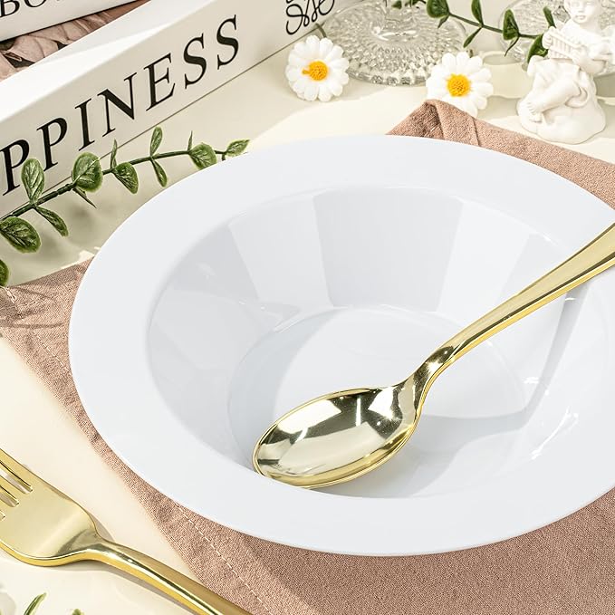 BESTVIP 100 Pack 12 oz White Plastic Bowls, Disposable Soup Bowls, Heavy-duty Dessert Salad Bowl for Christmas, Party, Wedding, Dinner, Catering