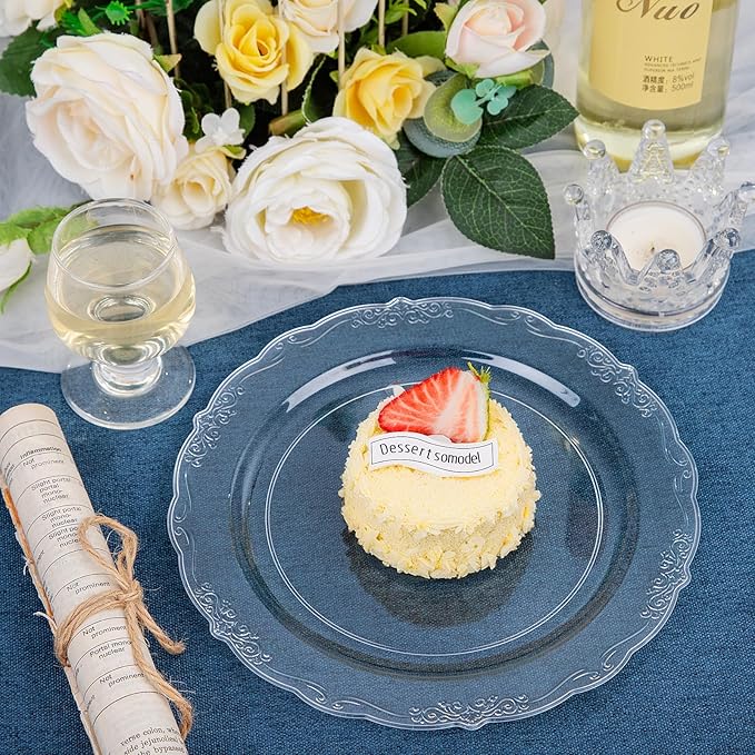 DaYammi 60PCS Clear Plastic Plates Heavy Duty Clear Disposable Plates 7.5” Fancy Dessert Plates Small Cake Plates Appetizer Platos Hard Round Plastic Platos Disposable for Wedding and Party