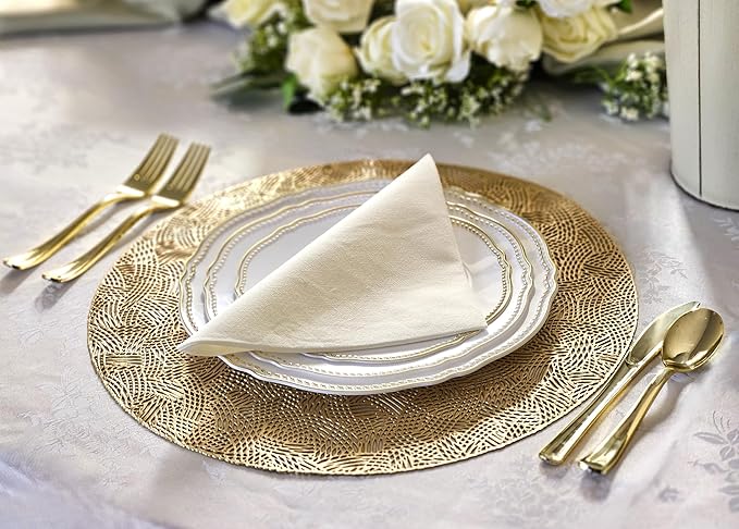 " OCCASIONS " 50 Plates Pack (25 Guests)-Heavyweight Wedding Party Disposable Plastic Plate Set -25 x 10.25'' Dinner + 25 x 7.5'' Salad/dessert plates (Rochelle White and Gold)